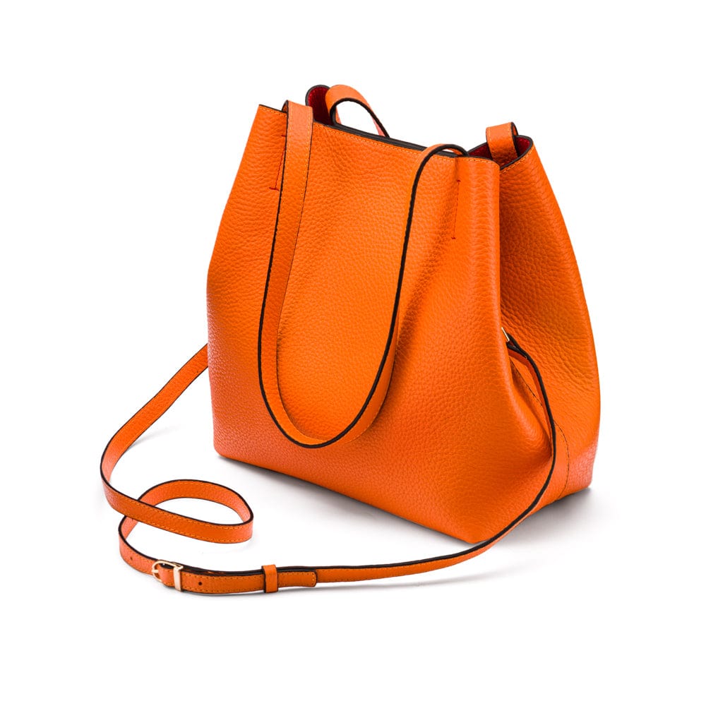 Leather tote bag, orange, with long strap