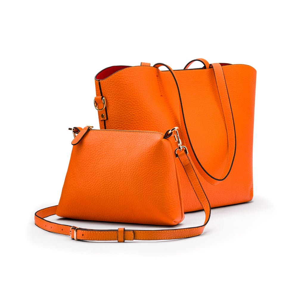 Leather tote bag, orange, with mini bag