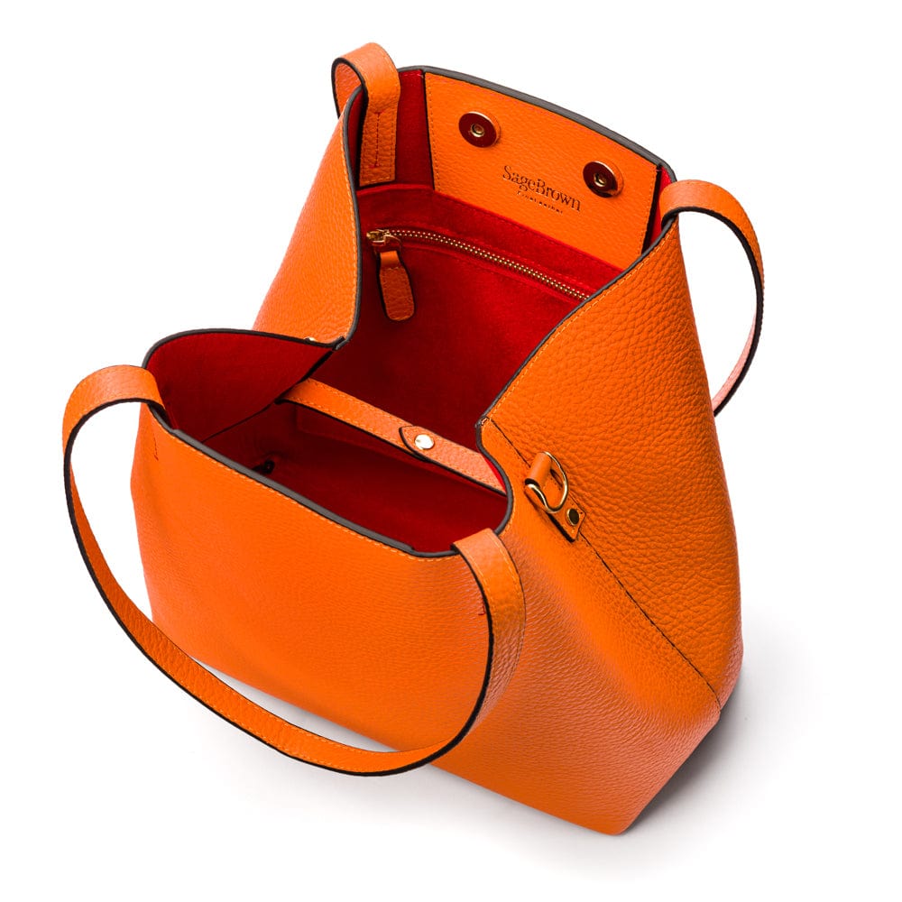 Leather tote bag, orange, open view