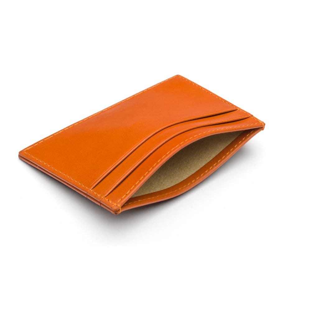 Flat leather credit card wallet 4 CC, orange, inside