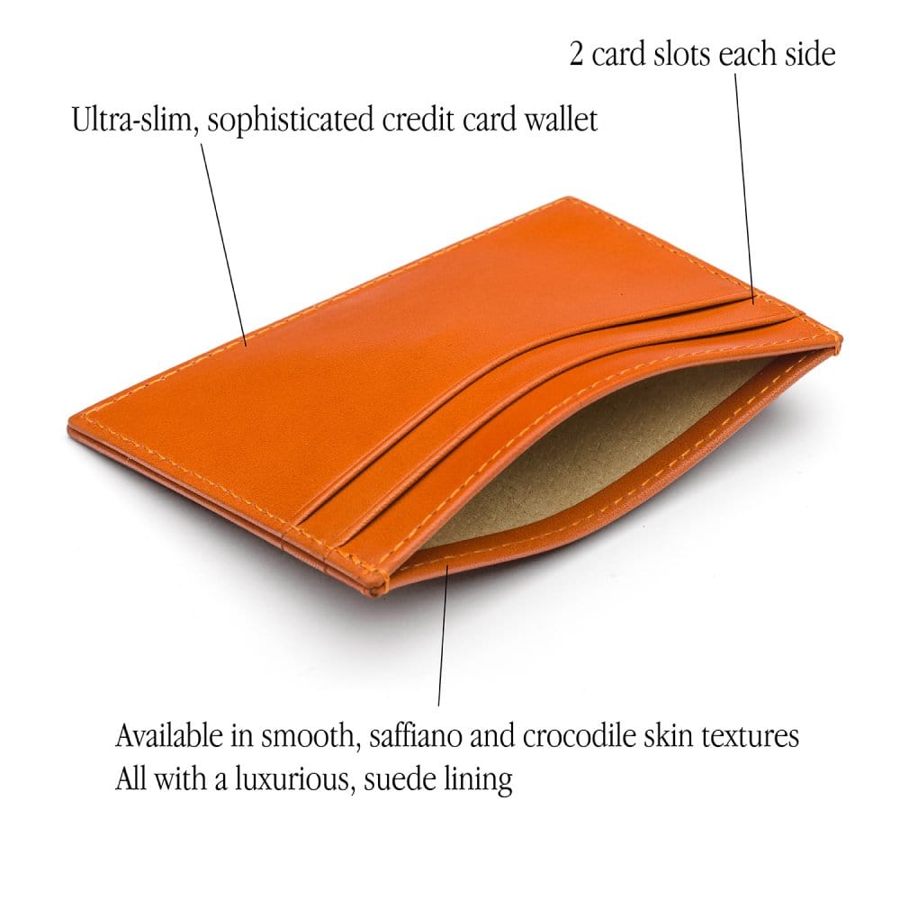 Flat leather credit card wallet 4 CC, orange, features