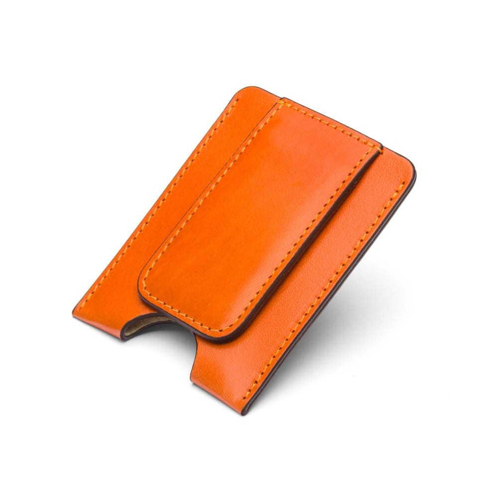 Flat magnetic leather money clip card holder, orange, front