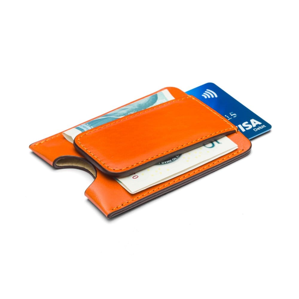 Flat magnetic leather money clip card holder, orange, sider