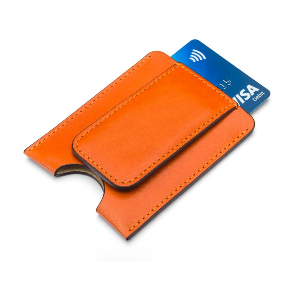 Flat magnetic leather money clip card holder, orange