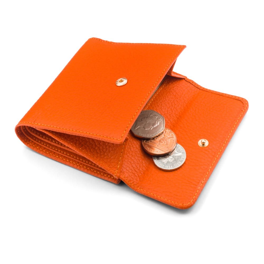 Women's leather purse with 6 cards and coins, orange, open view