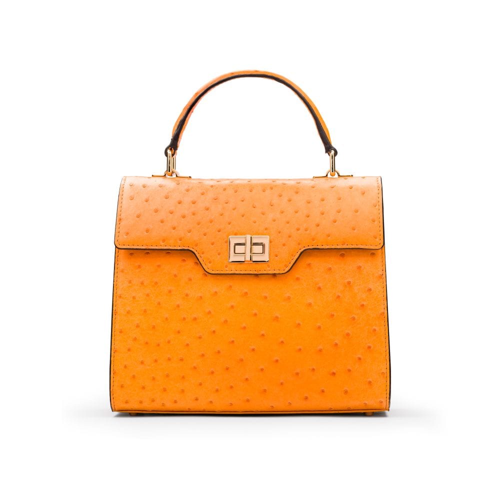 Real ostrich top handle bag, orange, front view
