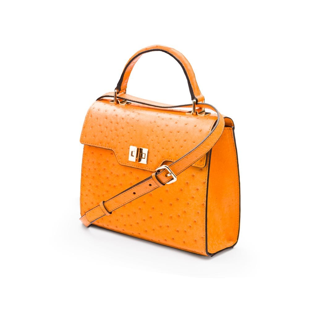 Real ostrich top handle bag, orange, side view