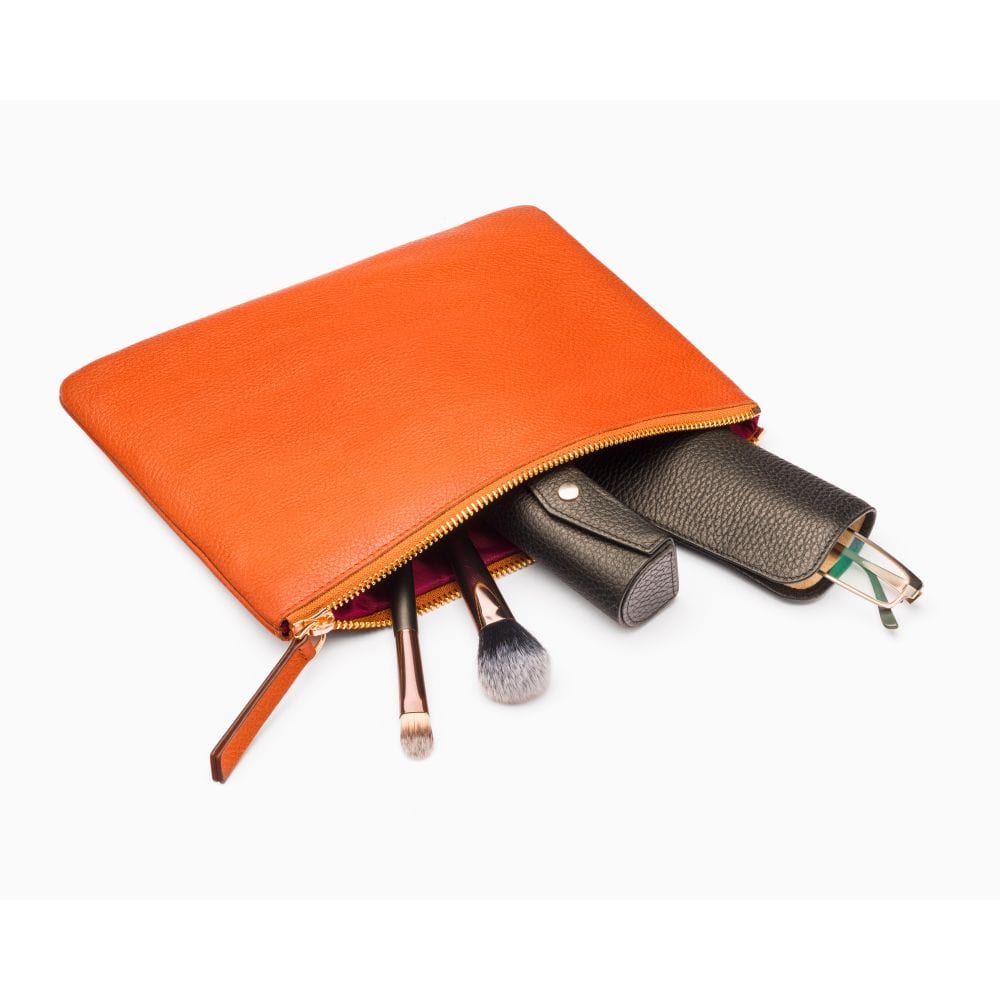 Large leather makeup bag, orange