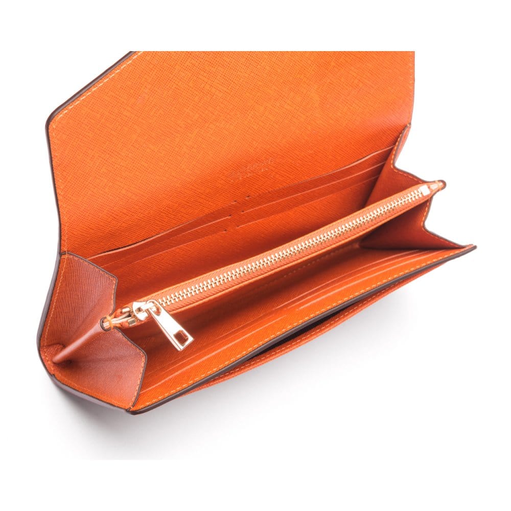 Leather accordion clutch purse with 12 card slots, orange saffiano, inside