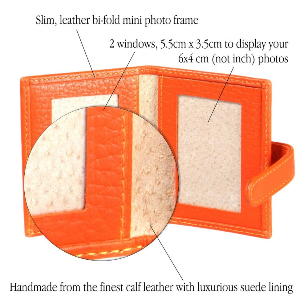 Mini leather passport photo frame, orange, 60 x 40mm, features