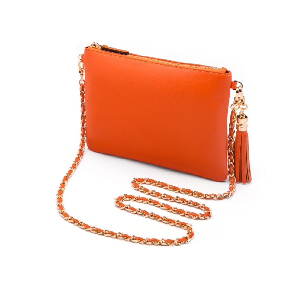 Leather cross body bag with chain strap, orange