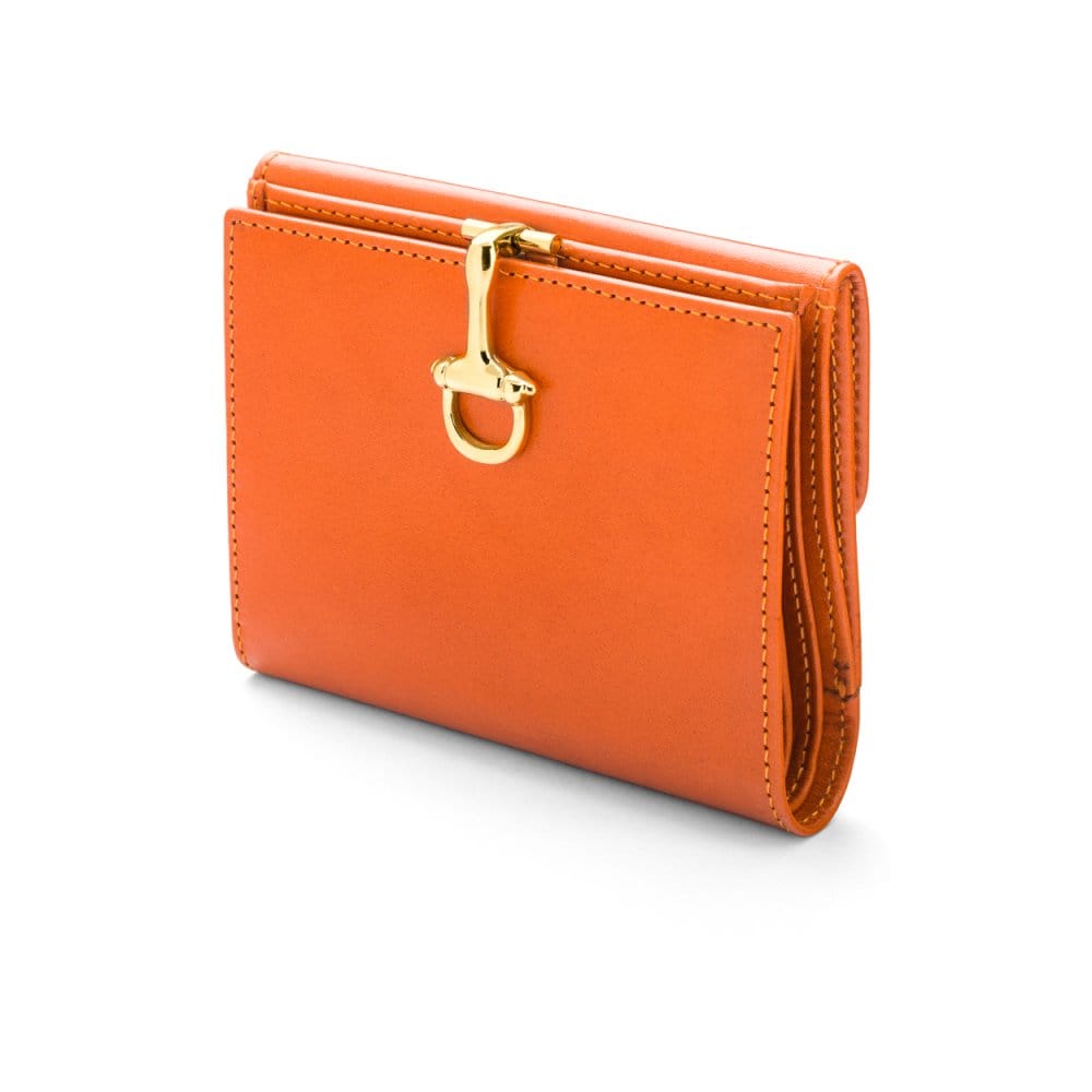 Leather purse with brass clasp, orange, front view