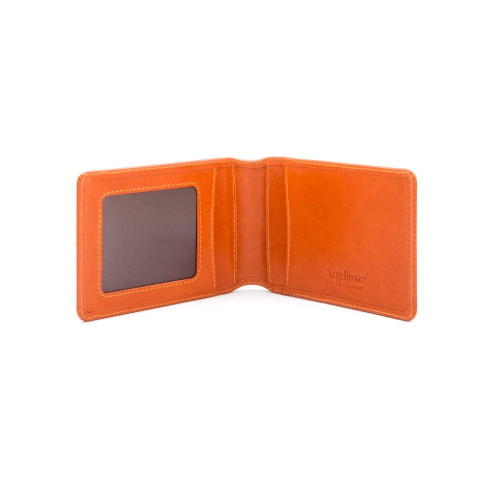 Leather travel card wallet, orange, open