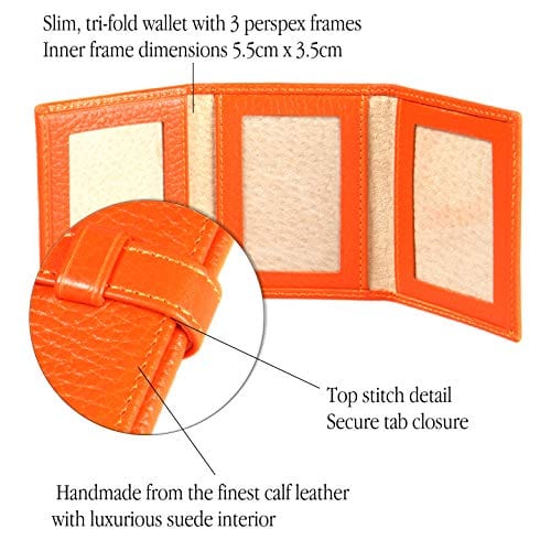 Mini leather trifold photo frame, orange, 60 x 40mm, features