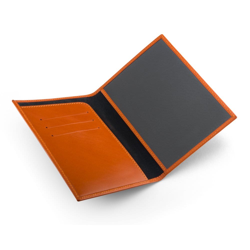Luxury leather passport cover, orange, open