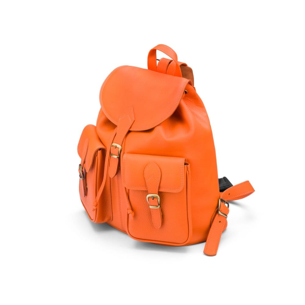 Leather backpack with pockets, orange, side view