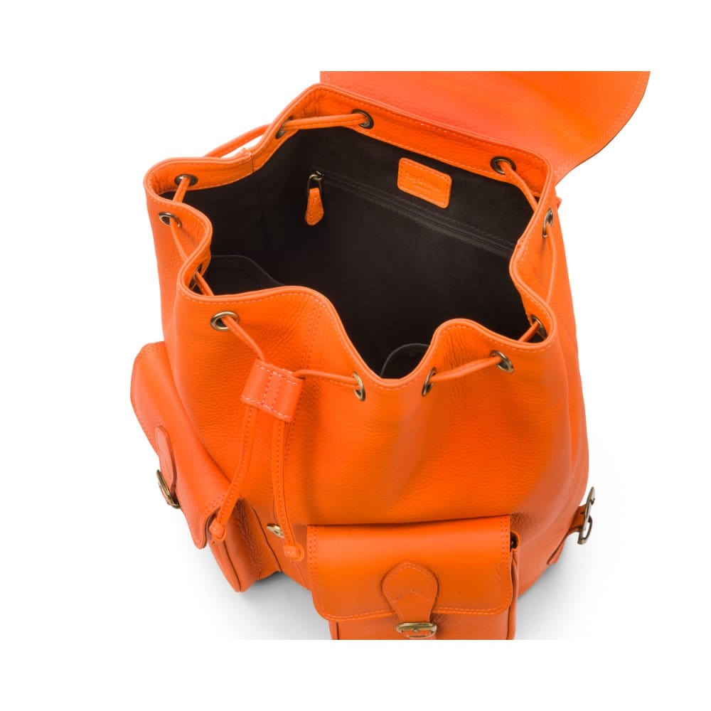 Leather backpack with pockets, orange, inside