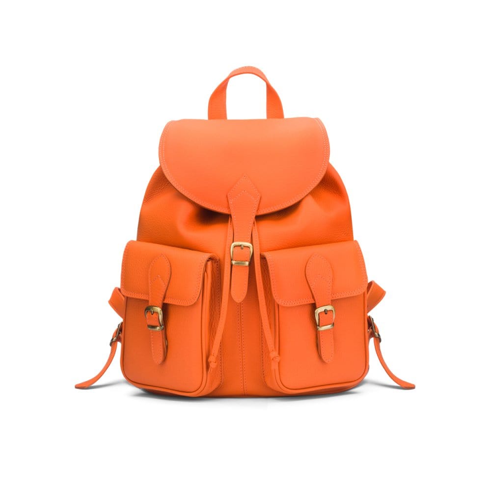 Leather backpack with pockets, orange, front