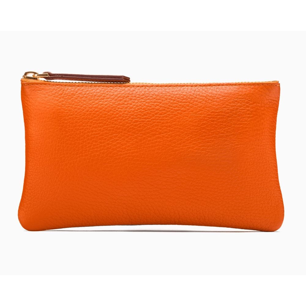 Medium leather makeup bag, orange, front view