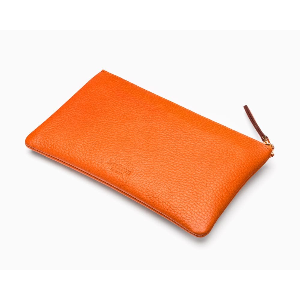 Medium leather makeup bag, orange, back view