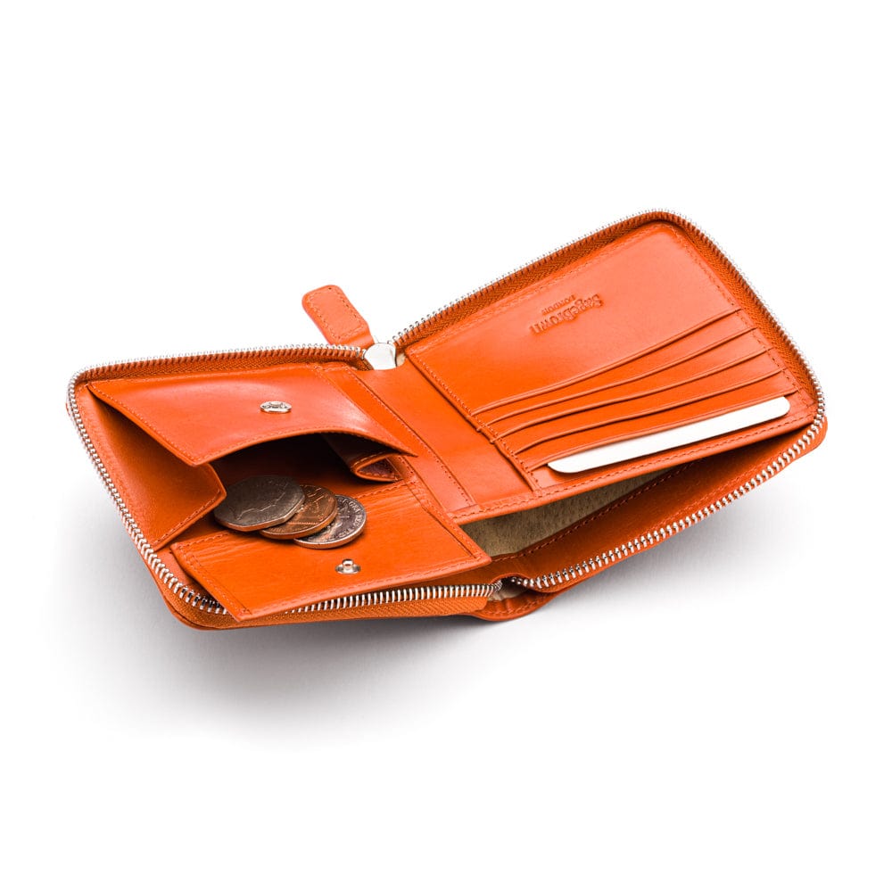 Men's leather zip wallet with coin purse, orange, inside
