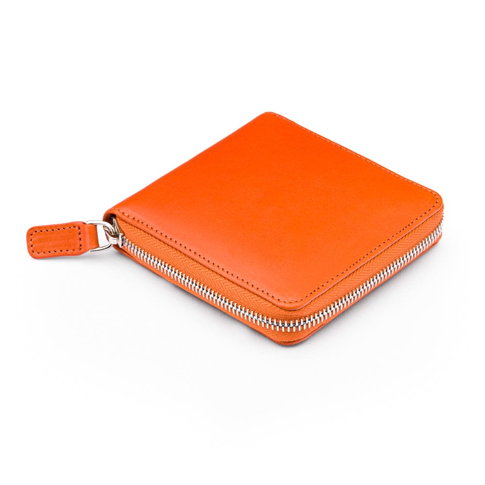 Men's leather zip wallet with coin purse, orange, front