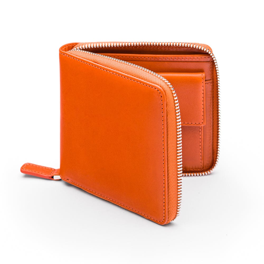 Men's leather zip wallet with coin purse, orange, front view