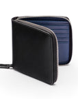 Men's leather wallet with zip around closure, black with cobalt, front