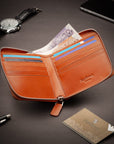 Men's leather wallet with zip around closure, brown with orange, lifetstyle