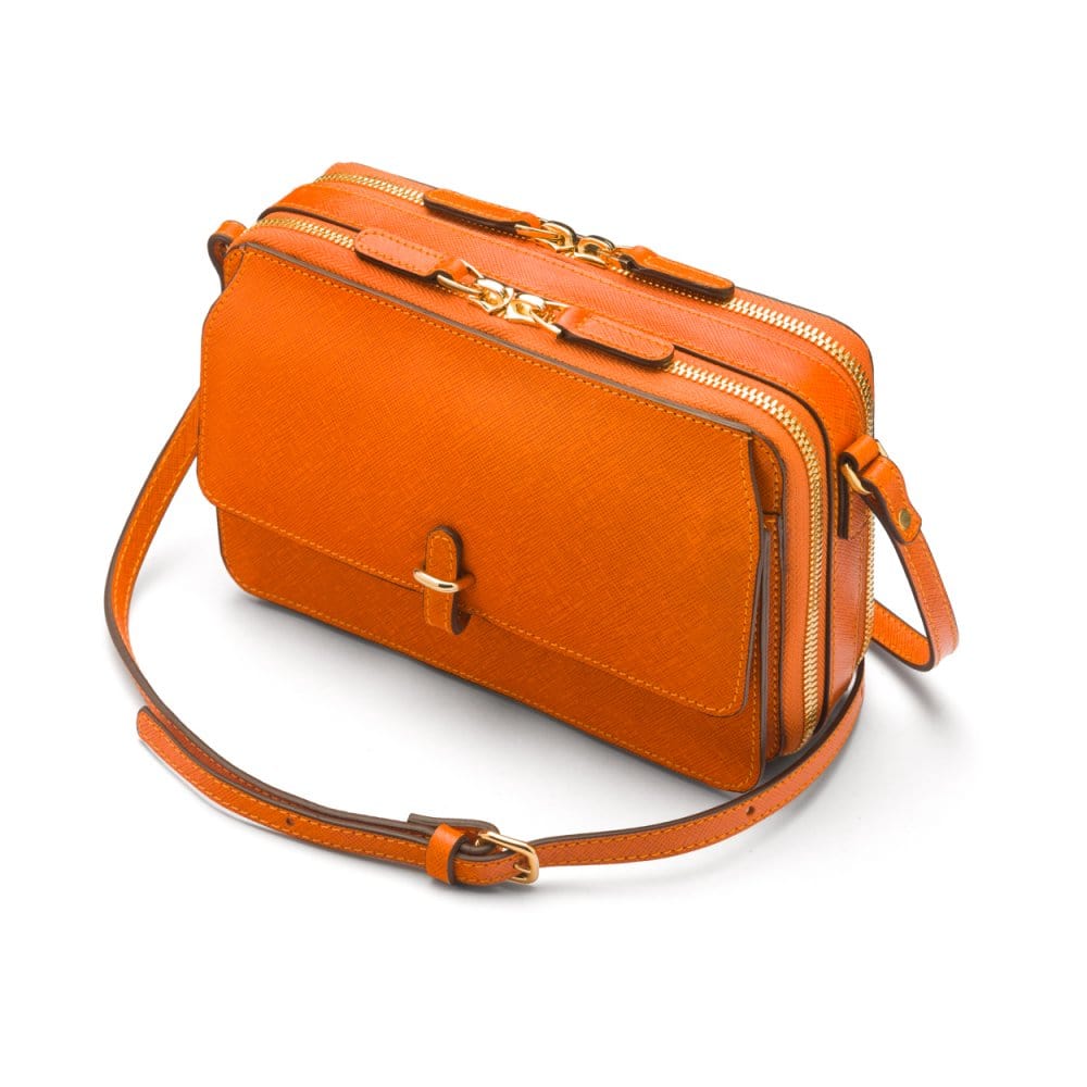 Compact crossbody bag, orange saffiano, side