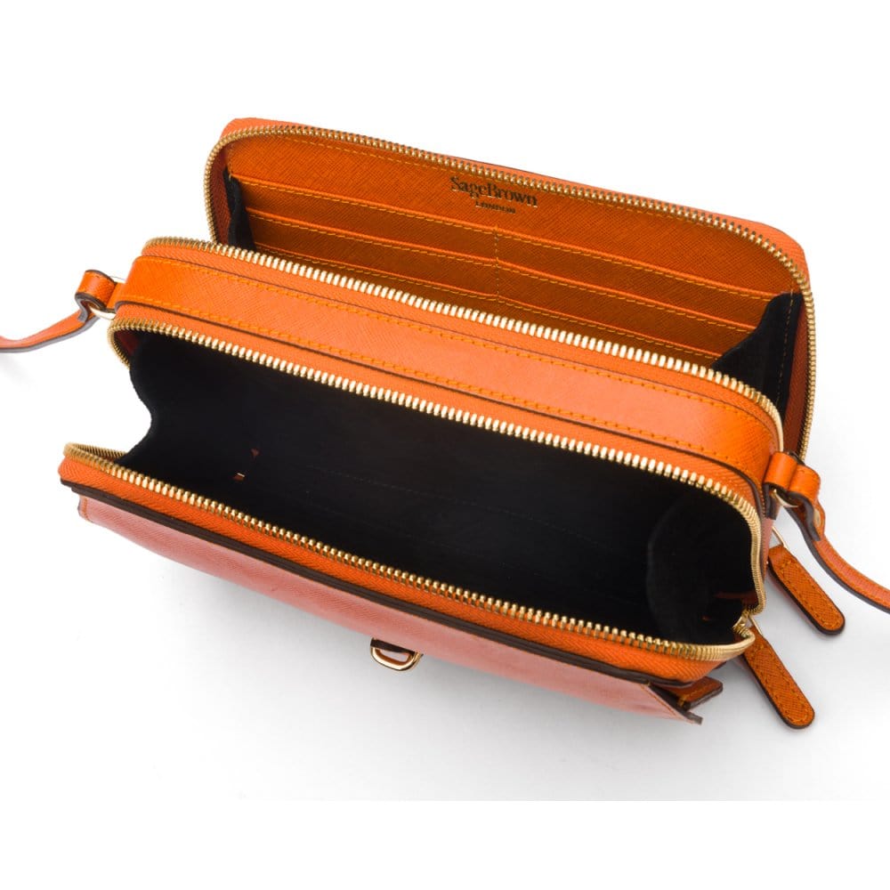 Compact crossbody bag, orange saffiano, inside