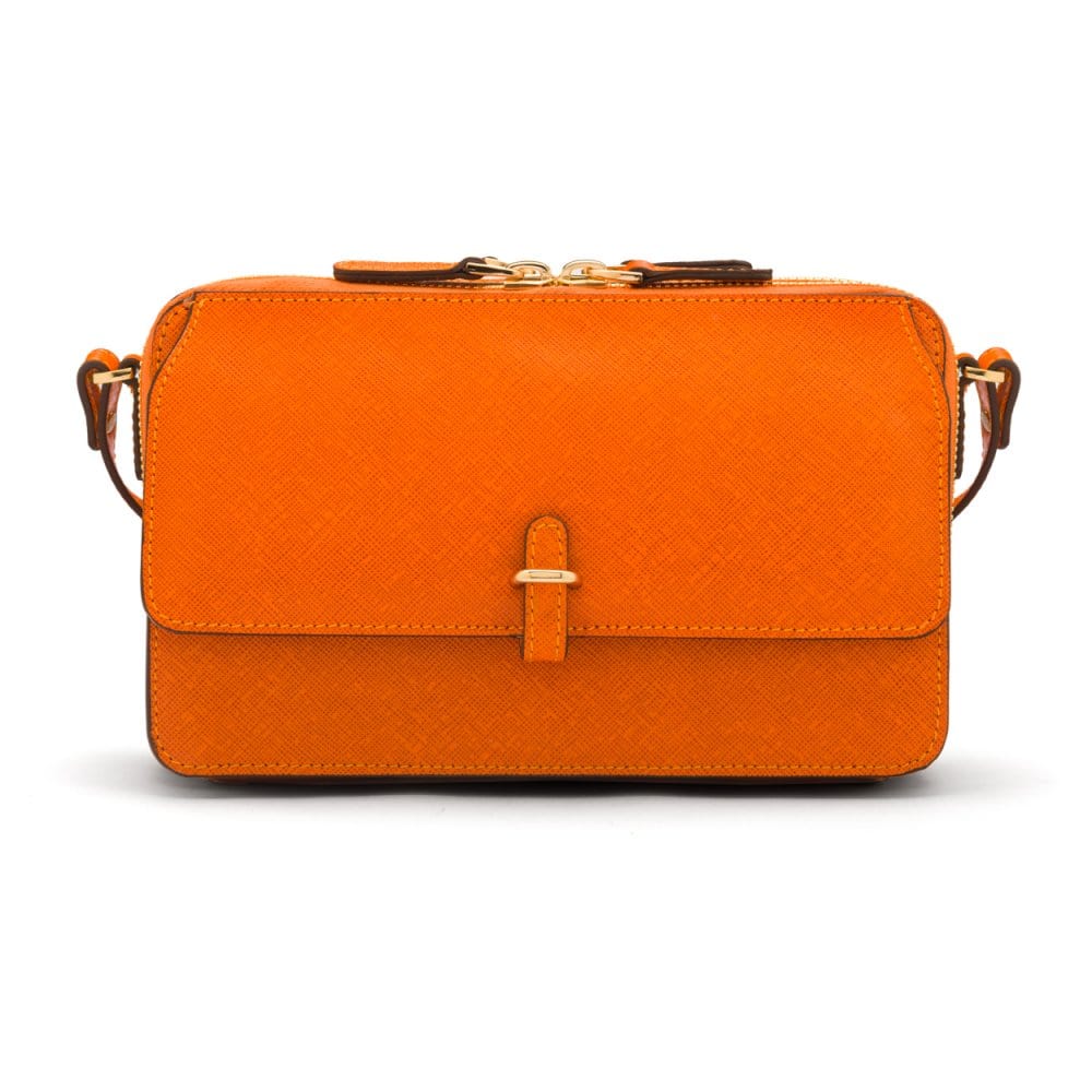 Compact crossbody bag, orange saffiano, front