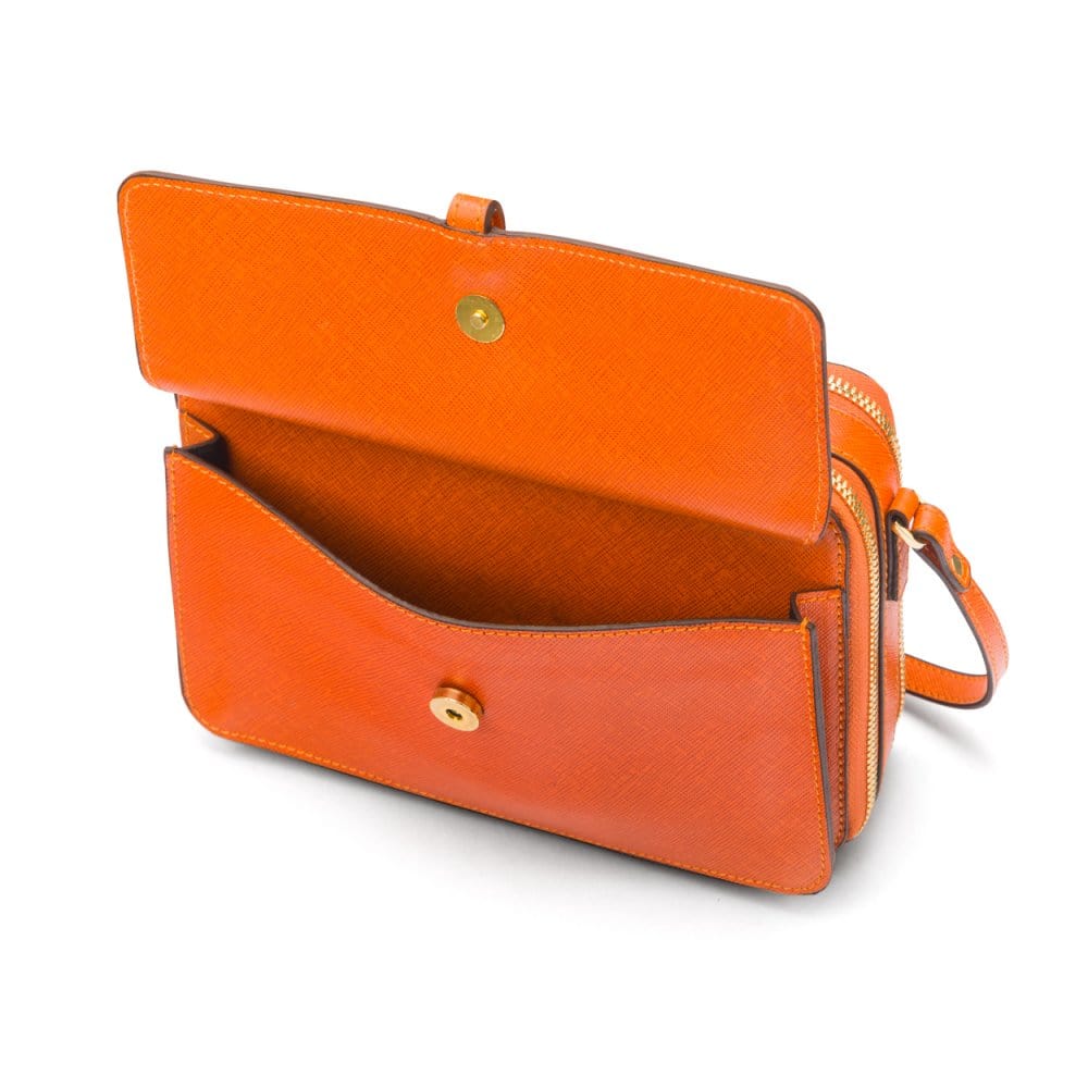 Compact crossbody bag, orange saffiano, front pocket