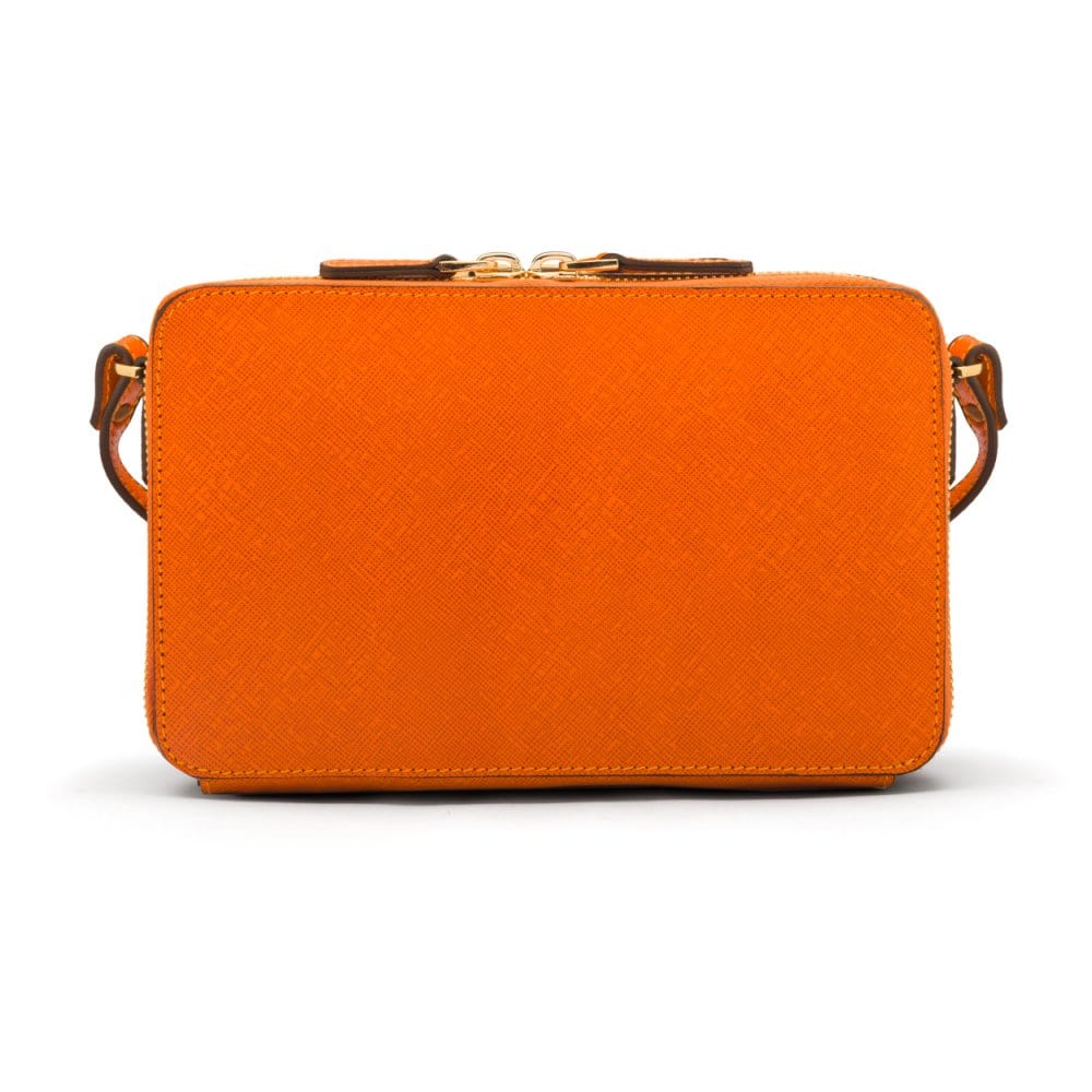Compact crossbody bag, orange saffiano, back