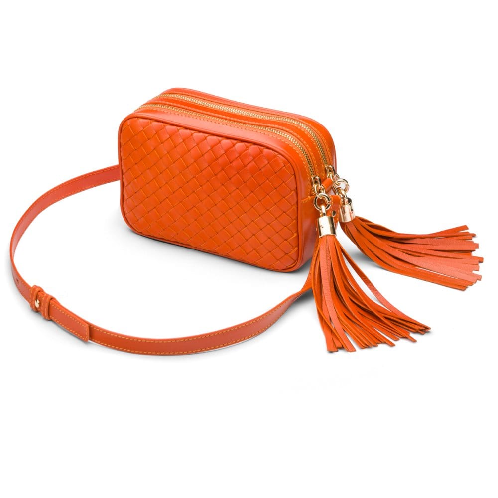 Woven leather camera bag, orange, side