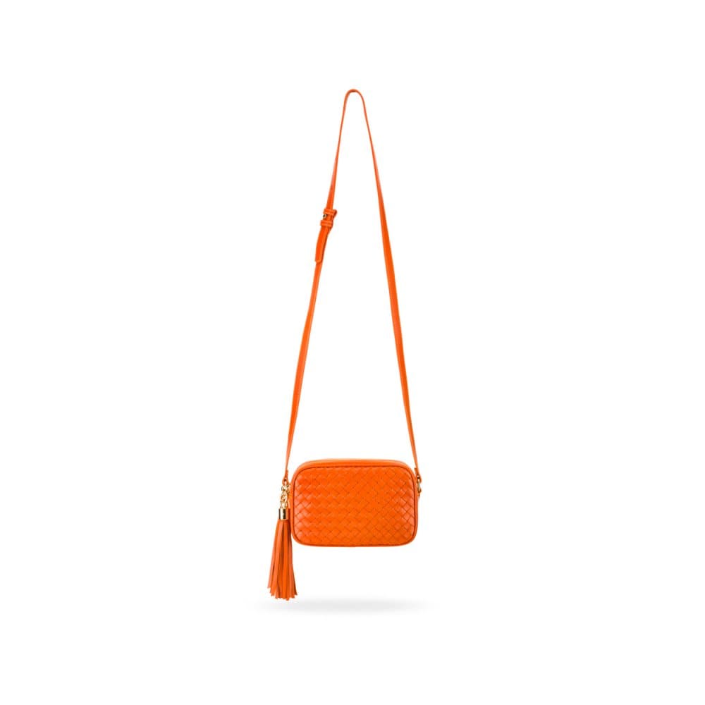 Woven leather camera bag, orange, long shoulder strap