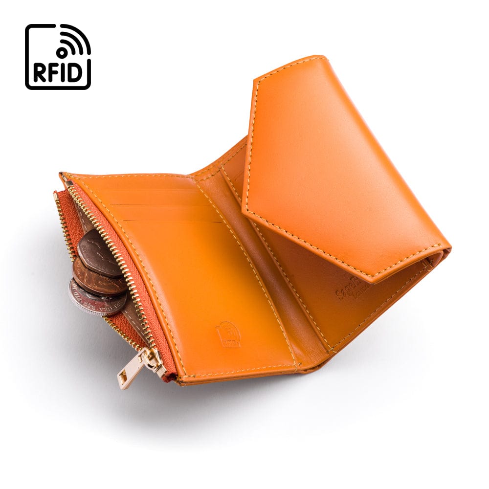 RFID blocking leather envelope purse, orange, open view