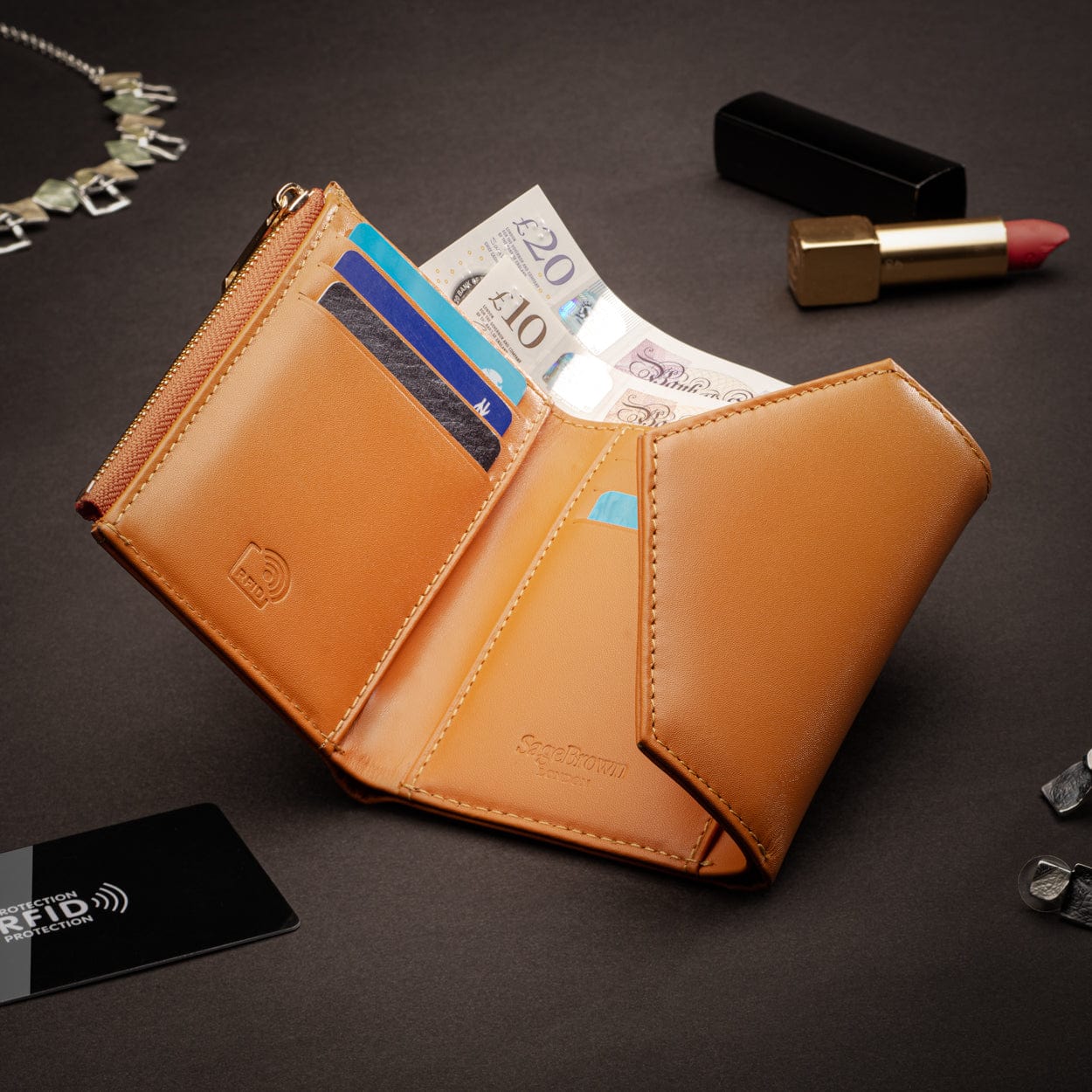 RFID blocking leather envelope purse, orange, lifestyle
