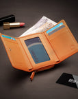 RFID blocking leather tri-fold purse, orange, lifestyle