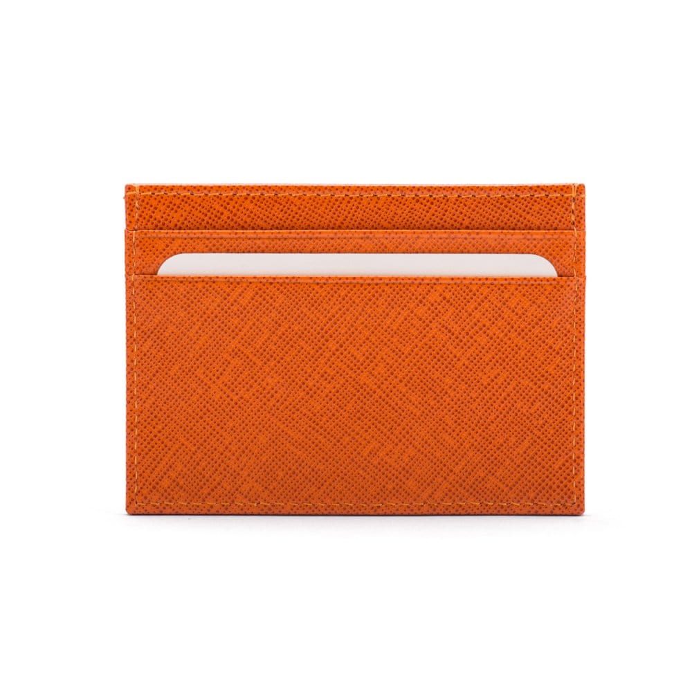 Flat leather credit card wallet 4 CC, orange saffiano, front