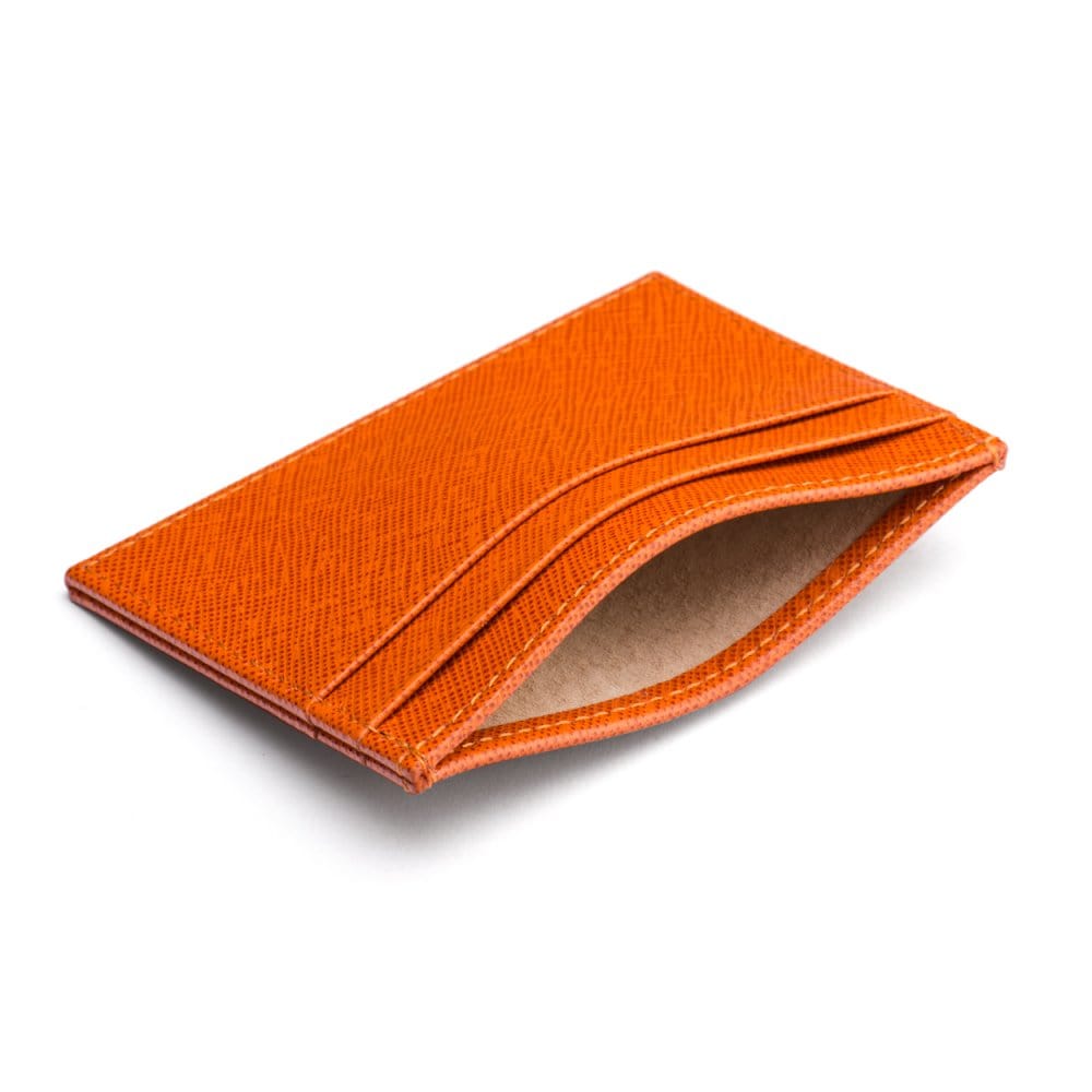 Flat leather credit card wallet 4 CC, orange saffiano, inside