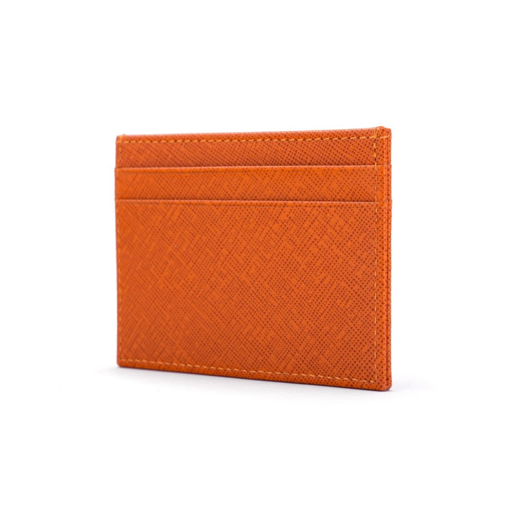 Flat leather credit card wallet 4 CC, orange saffiano, side