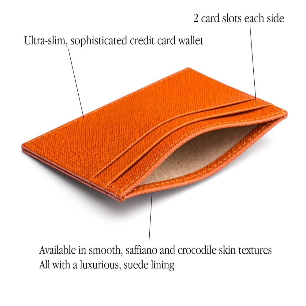 Flat leather credit card wallet 4 CC, orange saffiano, features