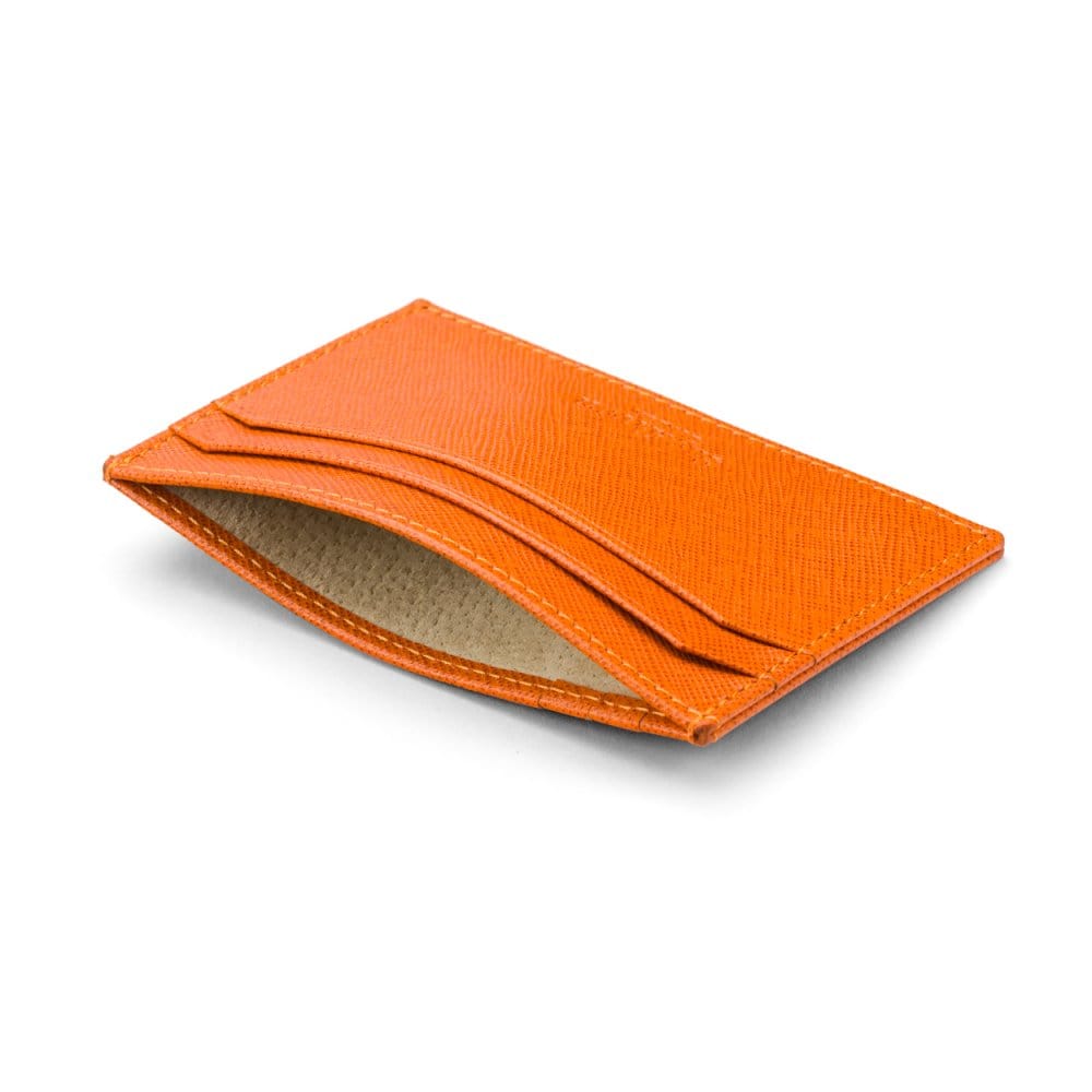 Flat leather credit card holder with middle pocket, 5 CC slots, orange saffiano, inside