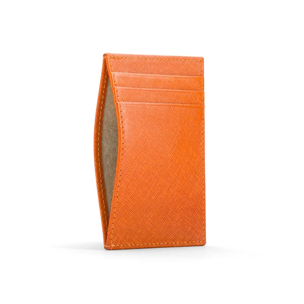 Flat leather credit card holder with middle pocket, 5 CC slots, orange saffiano, front
