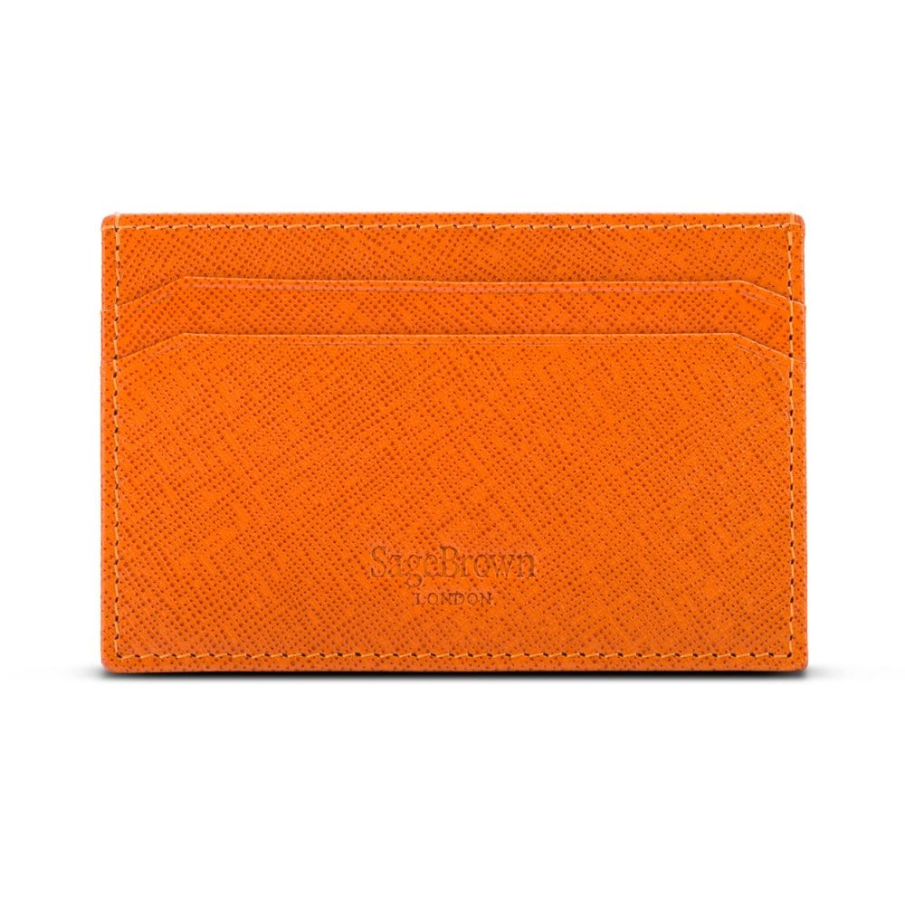 Flat leather credit card holder with middle pocket, 5 CC slots, orange saffiano, back
