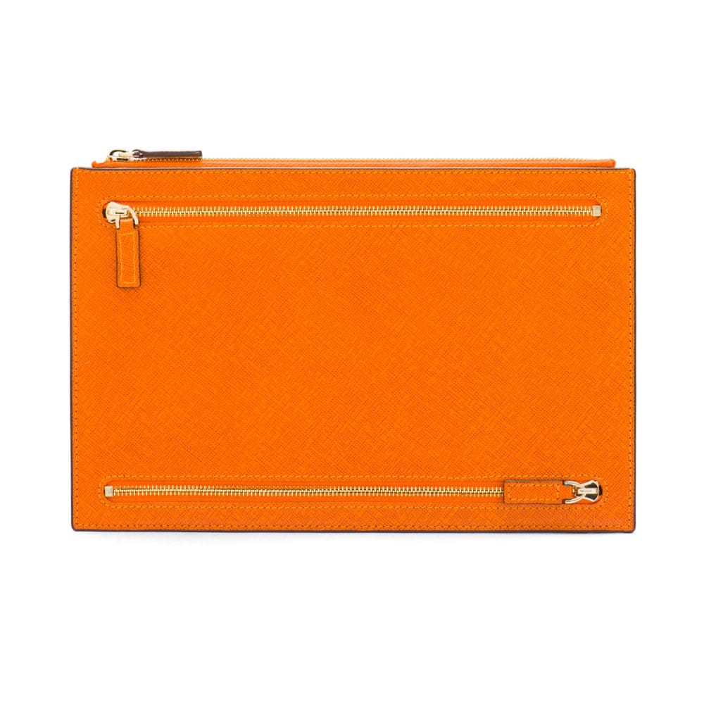 Leather travel document and currency case, orange, front