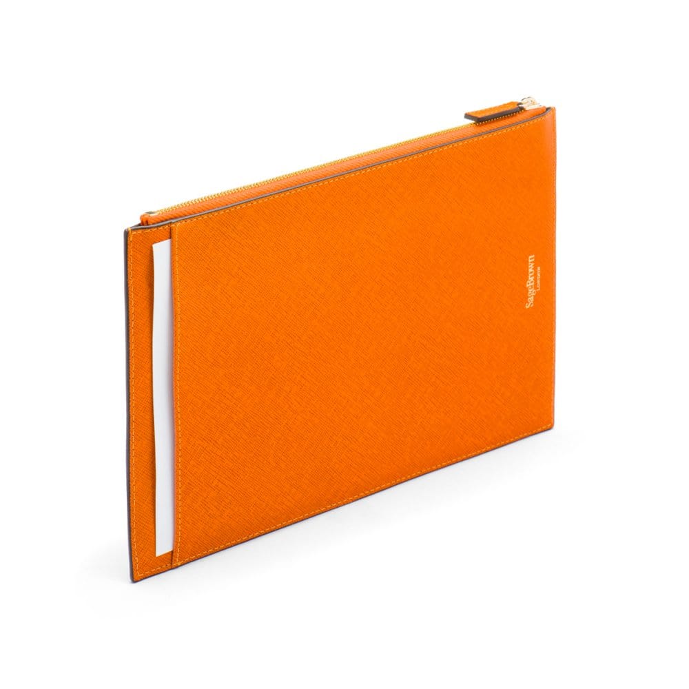 Leather travel document and currency case, orange, back