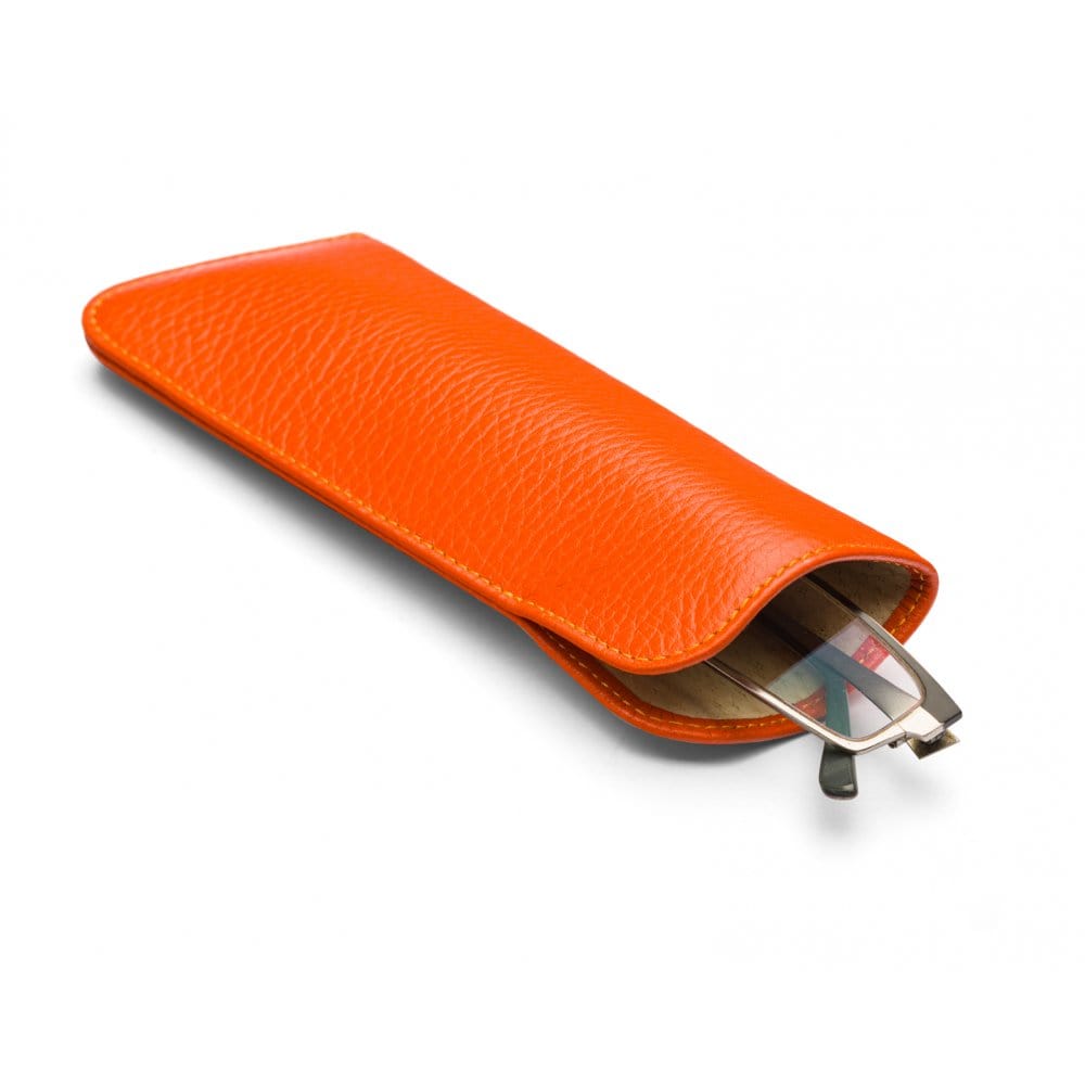 Small leather glasses case, orange, open