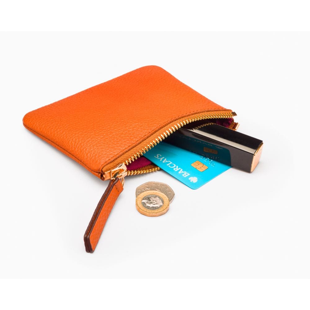Small leather makeup bag, orange, inside view